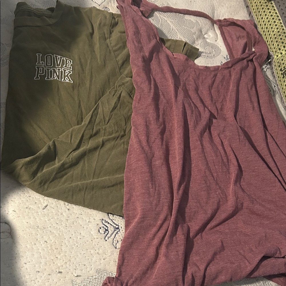 PINK Olive Green Tee & Dusty Rose Tank Duo and NIKE XL CORAL /OPEN BACK SEE PICS